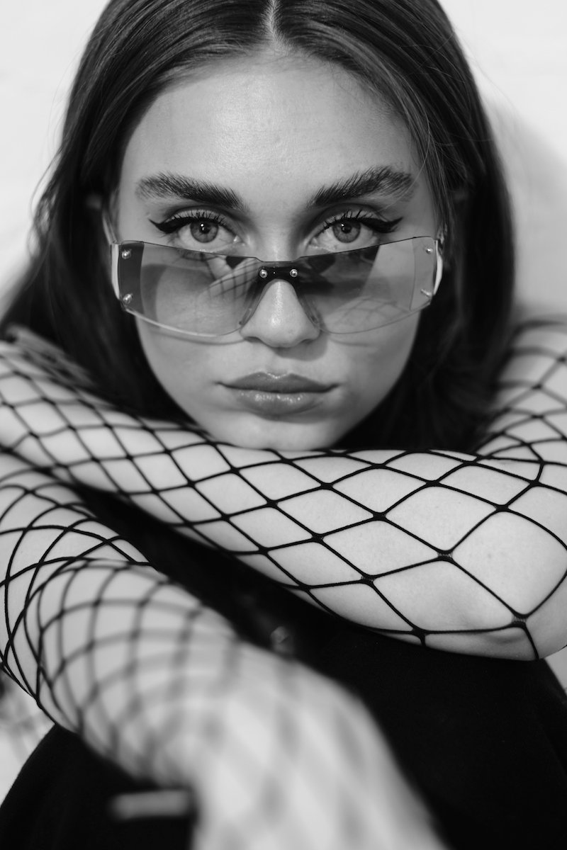 LEEPA - “i'm sorry, are you?” black and white press photo wearing fashion glasses 