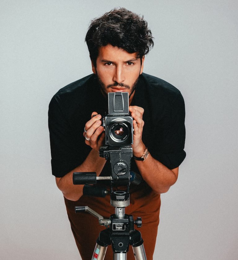 Sebastian Yatra poses for a portrait emulating Elvis Costello's iconic album cover This Year's Model at Hit Factory Studios on February 19, 2020 in Miami Florida.